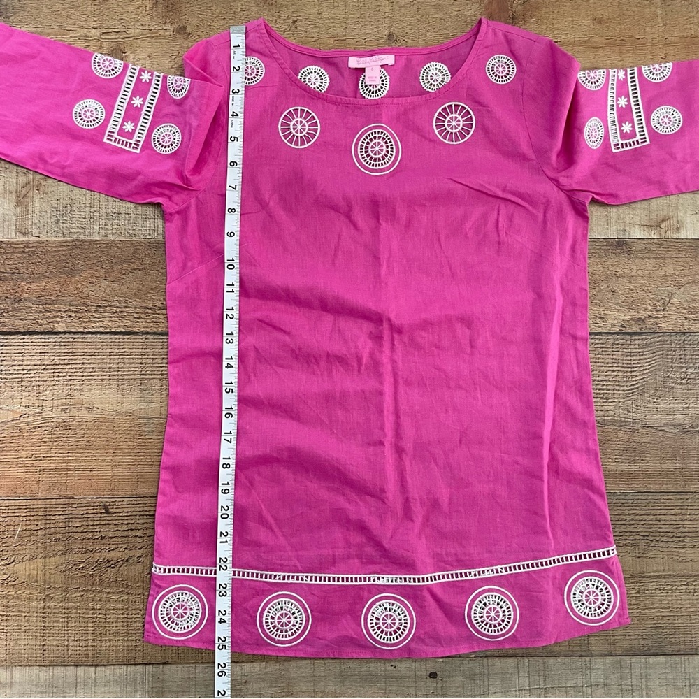 Lilly Pulitzer Wide Neck Tunic Top Linen Fuchsia Pink White Emroidery Size 0 - Picture 7 of 7